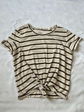 Madewell Cream & Brown Striped Knot Front Tee